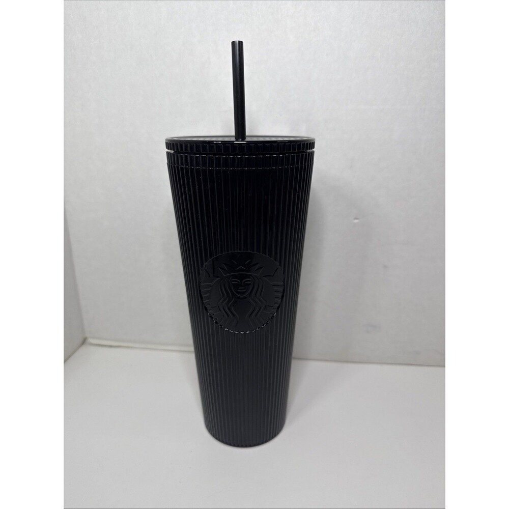 Starbucks Black Ribbed Tumbler 24 oz Cold Cup Venti Pleated Metallic Straw & Lid